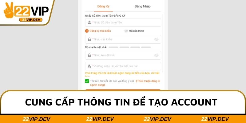 Cung cấp thông tin để tạo account